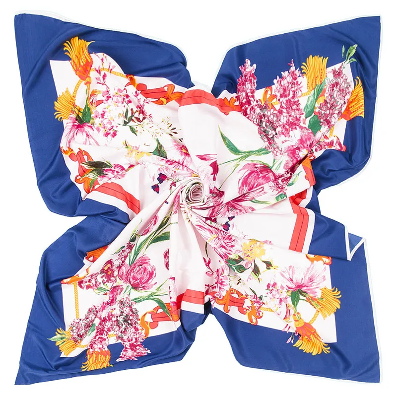 Ny Twill Silk Scarf Women Floral Printing Fashion Headband Stor Hijab Kvinna Foulard Square Scarves Shawls Wraps 130cmx130cm