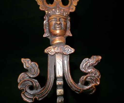 Chiny Tybet Tybetański Buddhism Bronze Headed Khatvanga Ritual Wand Scepter