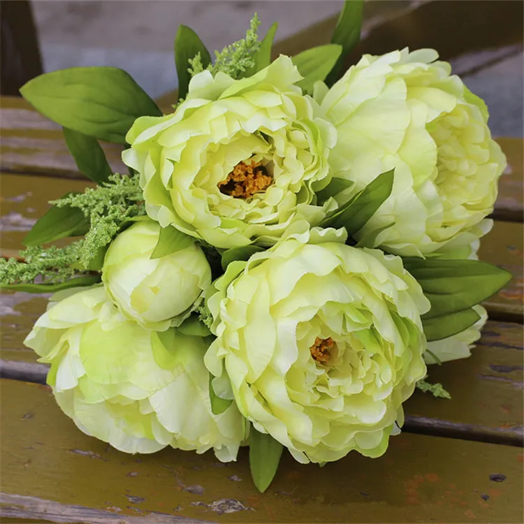 15st DHL Gratis frakt Peony Bouquet Artificial Silk Flowers Fake Leaf Home and Wedding Party Decoration 7 Pion Blommor Head 5Colors