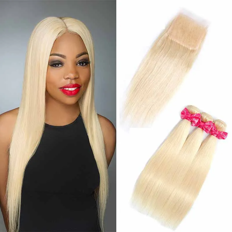 Brazilian 613# Blonde Virgin Hair 3 Bundles with Lace Closure Top Lace Closure and Bundles Silk Straight Hair Extension With Lace Closure