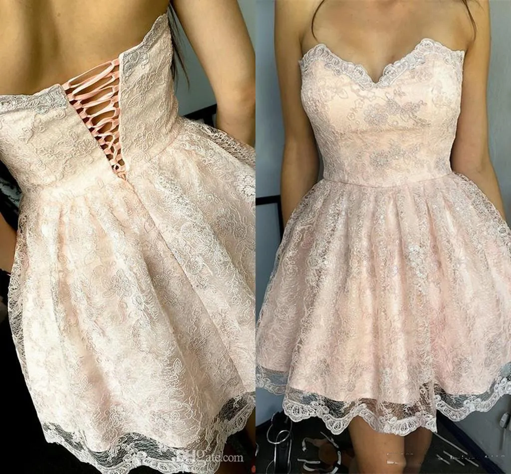 2018 Short Mini Sexy Blush Pink Homecoming Dresses Sweetheart Corset Back Full Lace Appliques Party Graduation Plus Size Cocktail Gowns