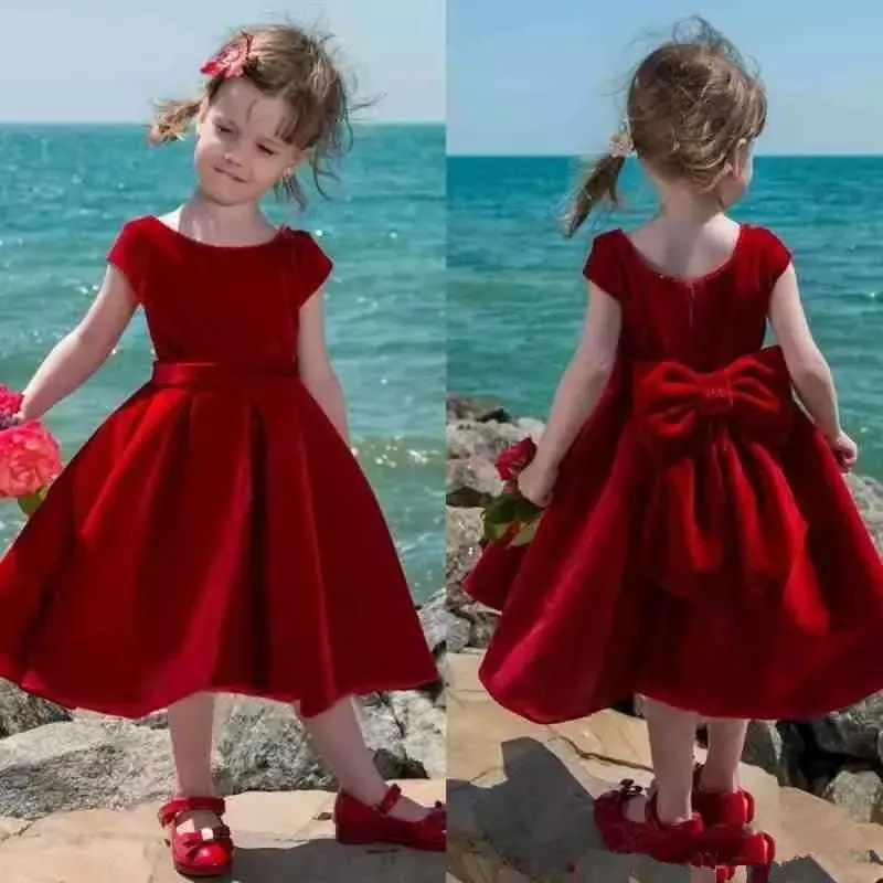 Lovely Red Velvet Flower Girl Dress Tea Length Baby Girl Pageant Dresses Toddler Kids Party Dress Short Communion Gowns With Big Bow Back