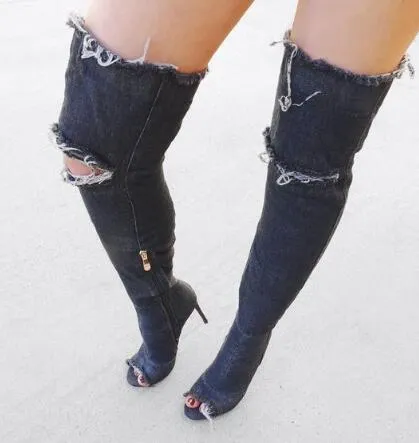 2018 Denim Jeans Peep Toe Women Thigh High Boots Sexy Cutout High Heels Gladiator Sandals Summer Boots Over Knee Motorcycle Boots