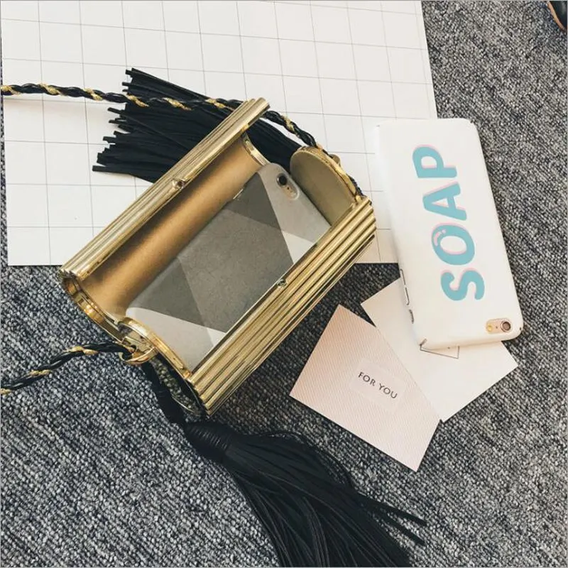 ladies metal glossy tassel evening bag clutch bags handbag minere women party letter cluth silver gold black box chain purse9791626