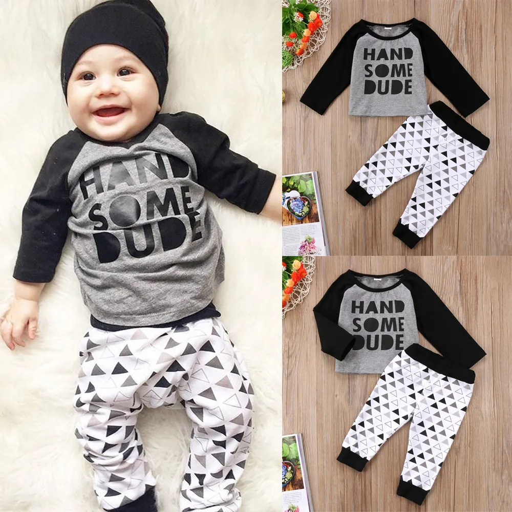 Newborn Baby Boys Clothing Top+Pants Set Handsome Dude Letter Print Black Gray Infant Baby
