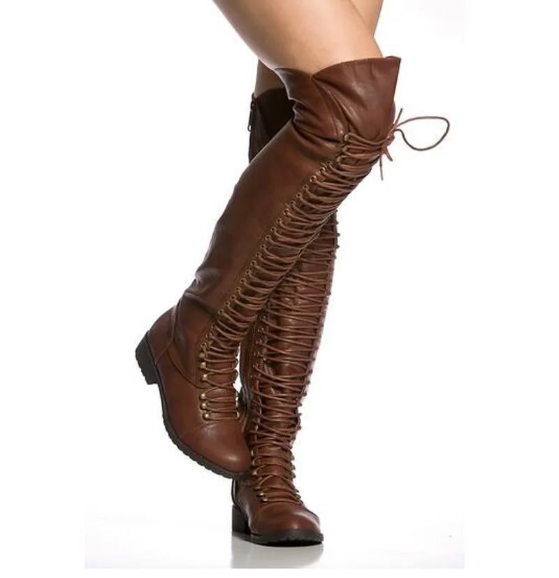 Mulheres inverno moda rodada dedo do pé preto marrom couro lace-up joelho alto gladiador plana botas de alta qualidade botas longas cavaleiros