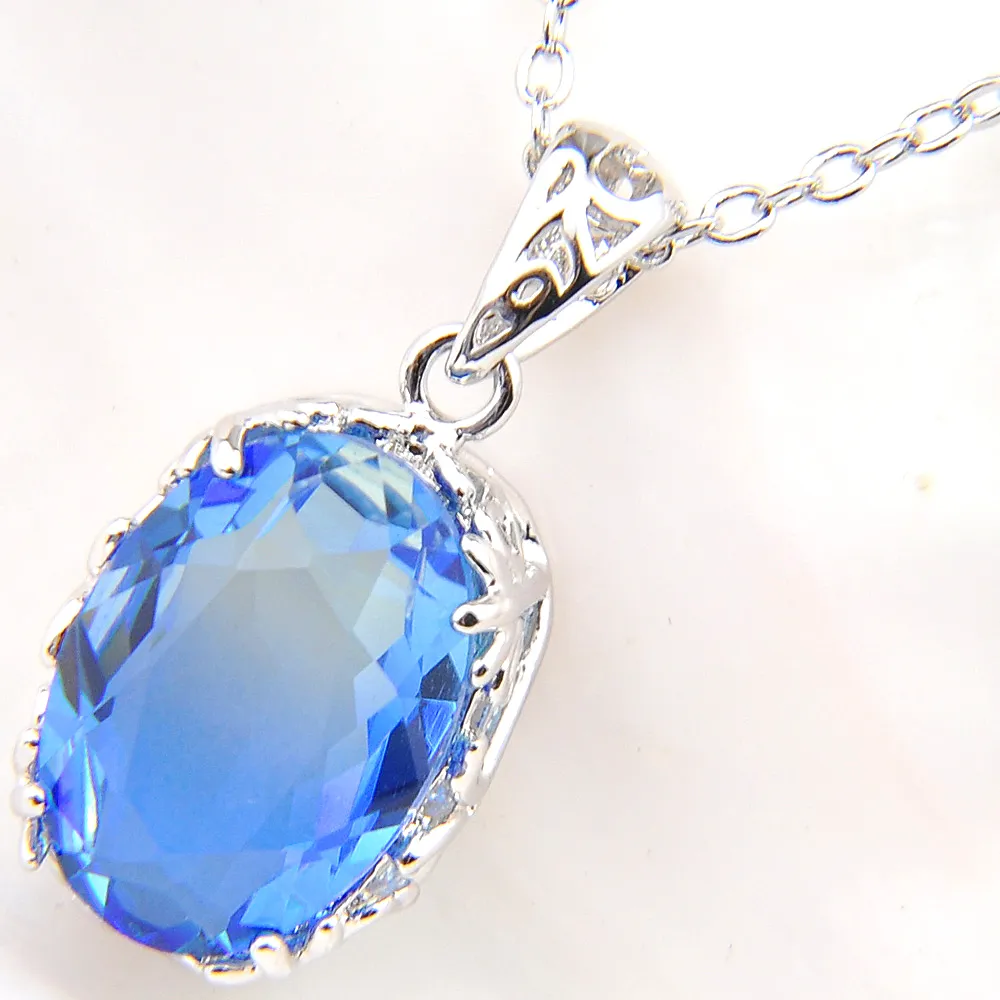Luckyshine Women Pendants Oval Ocean Blue Bi-Colored Tourmaline Gems Silver Necklace Pendants 10*14 mm