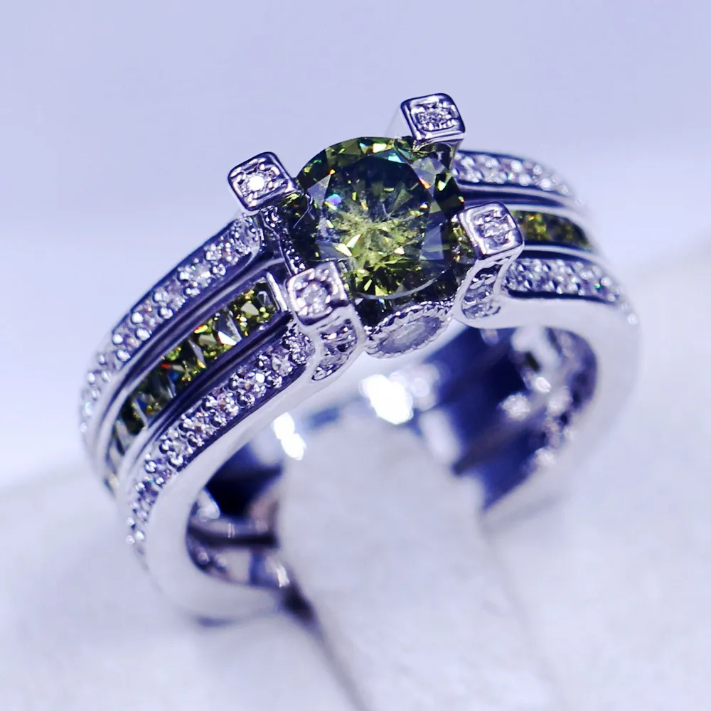 Vintage Smycken Bröllopsband Ringar för Kvinnor Män 3ct Olive 5A Zircon CZ 925 Sterling Silver Birthstone Kvinna Ring Bridal Set