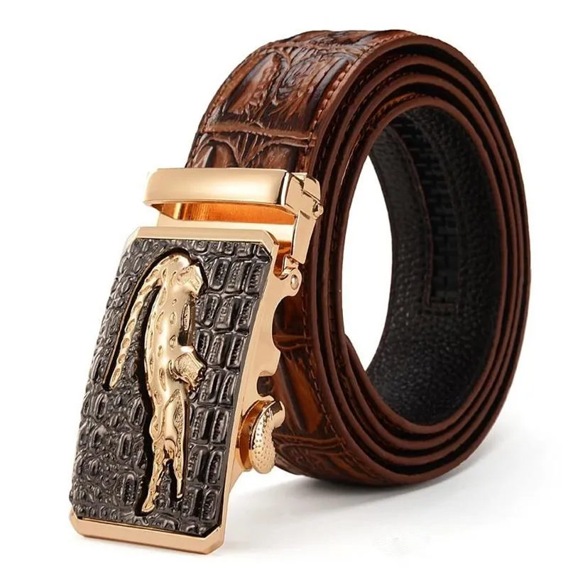 Mens Genuine Leather Alligator Embossed Plaque Buckle Cowskin Ratchet ...