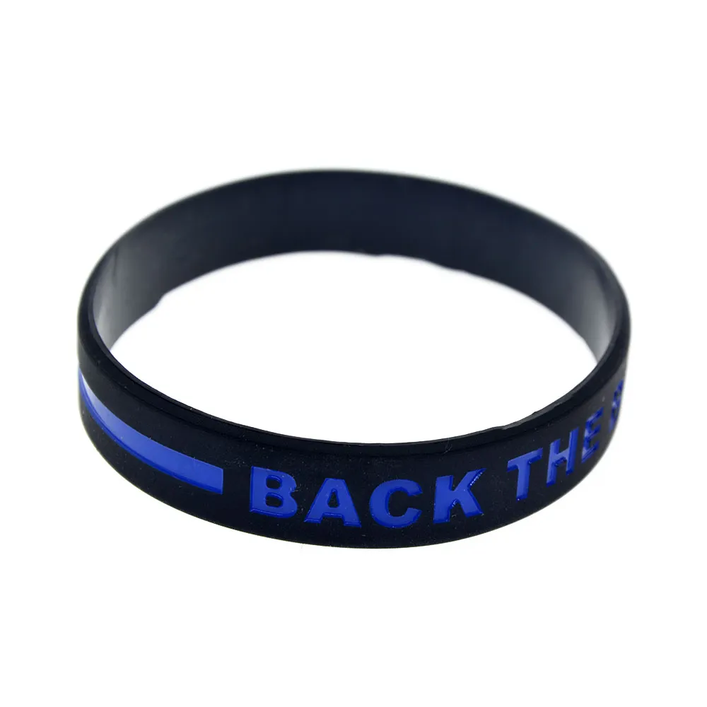 100 Stück Back The Blue Line Silikonkautschuk-Armband, dicke oder dünne Buchstaben, Logo, Erwachsenengröße, als Werbegeschenk2116