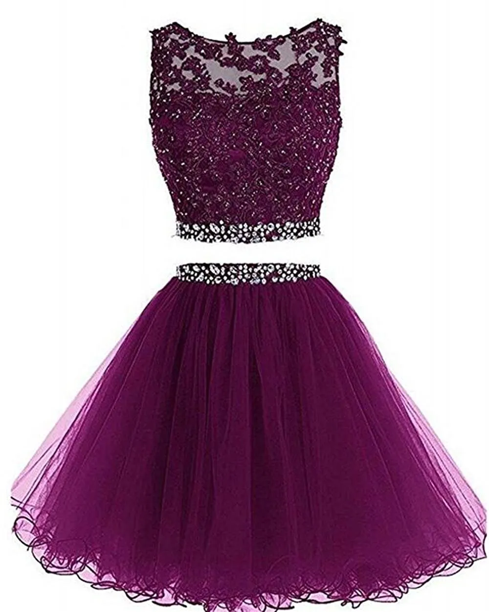 2021 Två stycken Prom Dress Short Lace -applikationer med Crystal Pärled Keyhole Back Tulle Sweet 16 Party Dresses Graduation Homecomin246K