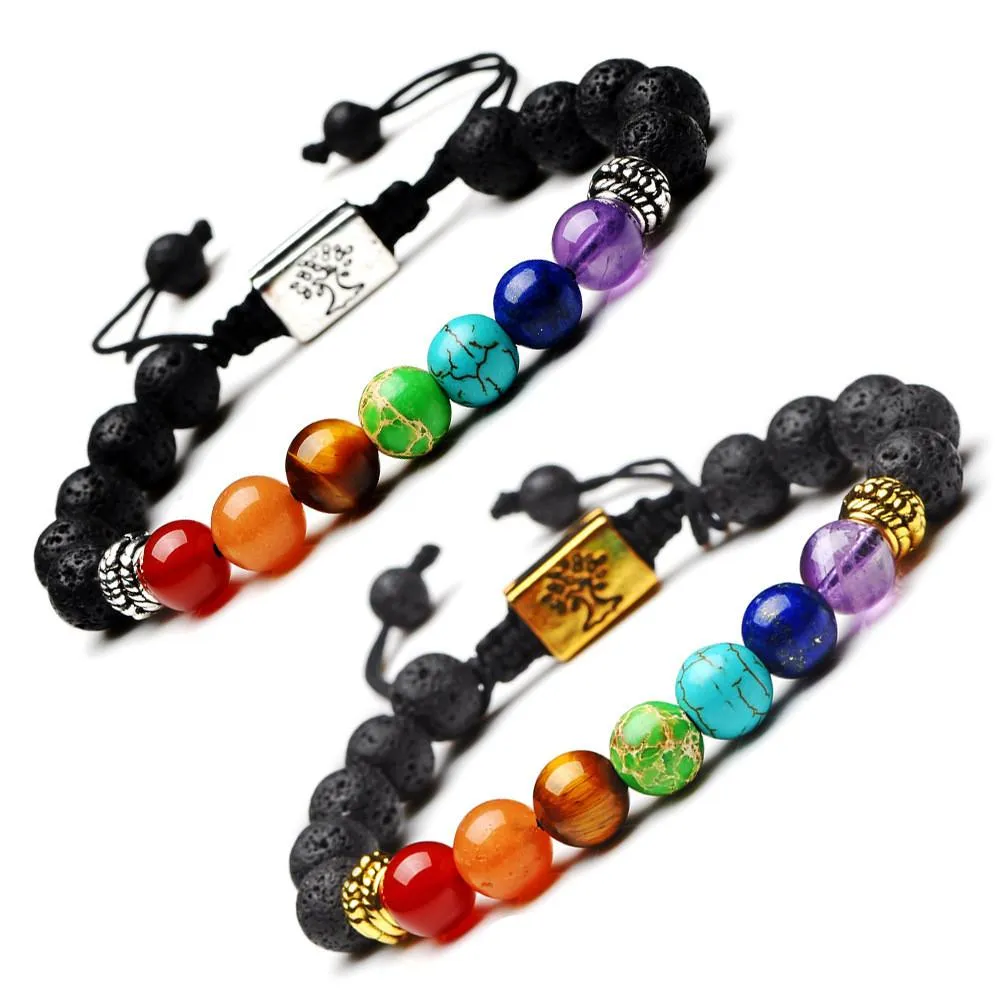 2023 Yoga Handmade 7 Chakra Tree Of Life Charm Strands Pulseiras com contas Pedras de lava Corda Pulseira de pedra vulcânica preta para mulheres e homens Pulseiras