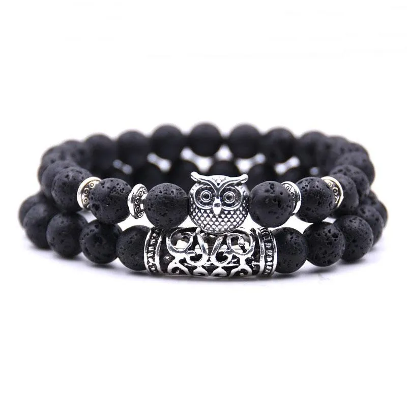 Livraison gratuite 2 pièces/ensemble nouveau hibou lave pierre naturelle perlée hommes Bracelet ensemble de bijoux bracelets à breloques