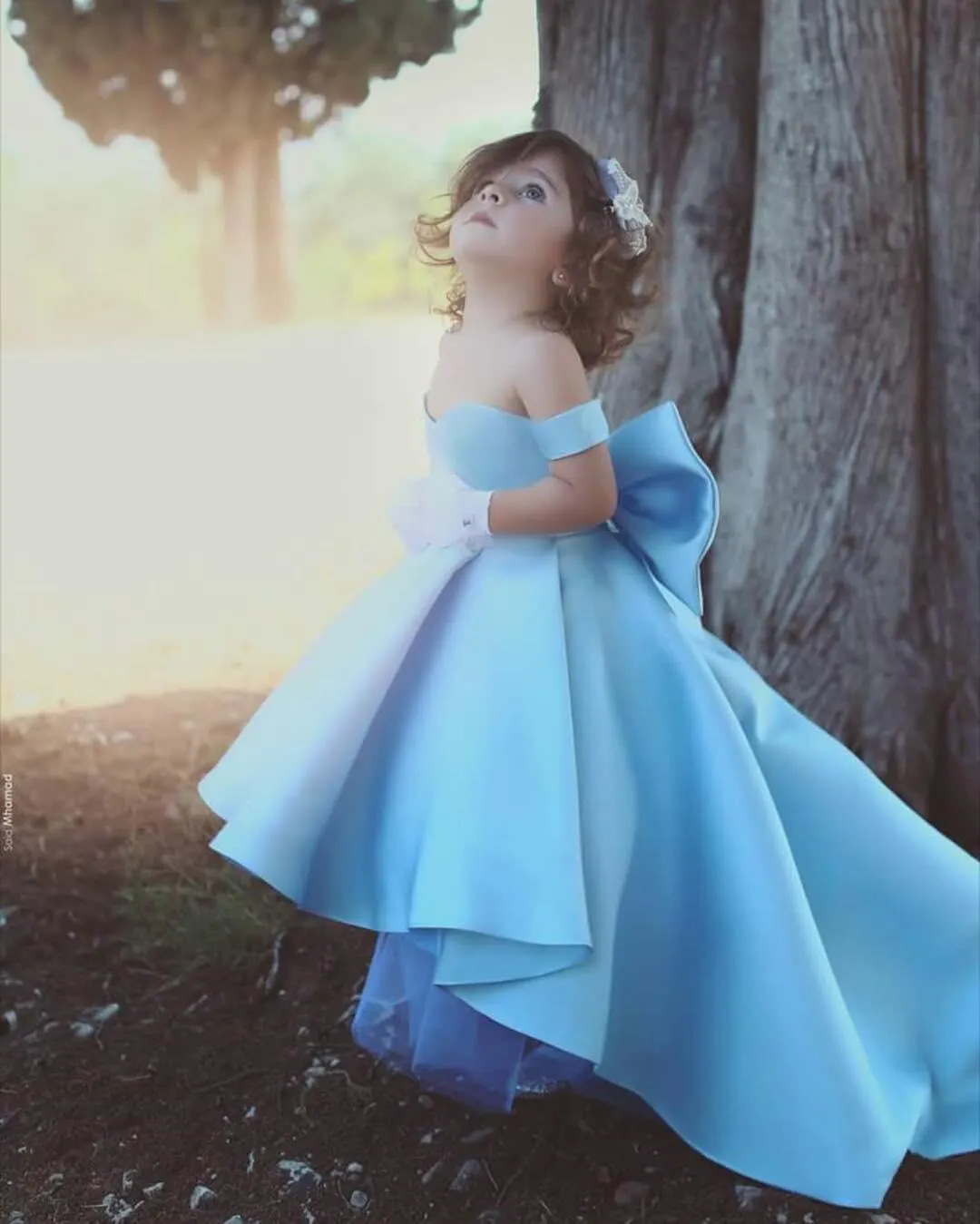 Elegant Lovely New Baby Blue Girls Dresses Princess Simple Off Shoulder Big Bow Knot Hi-Lo Pleats Girl's Pageant Party Gowns