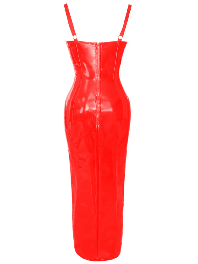 Robe longue en PVC pour femmes, noire et rouge, Sexy, sans manches, col en V, écharpe, fente haute, à bandes, à la mode, tenue de soirée, moulante