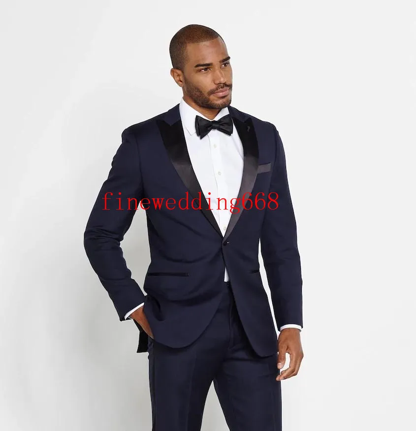 Navy Blue Peak Lapel One Button Black brothers Wedding Groom Tuxedos Men Suits Wedding Prom Dinner Best Man Blazer(Jacket+Tie+Girdle+Pants)