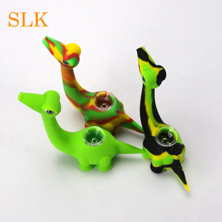 Popular buying silicone smoking pipes with glass bowl for tobacco unique water pipes dinosaur shape glass bong fashion design 4.3 inch