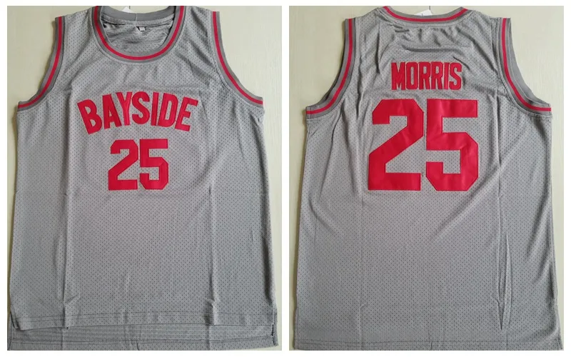Mens Zack Morris 25 Bayside Basketball Tribersys Серый цвет, сохраненный Bell 90S хип-хоп сшитые рубашки S-XXL