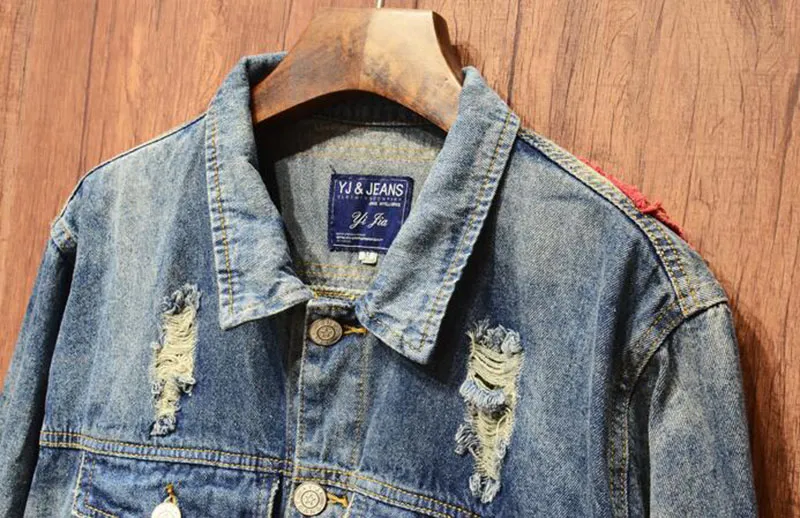 Fashion Denim Jacket Men Designs Money Print Patch Blue Jean Jacket For Men Hip Hop Distressed Hole Denim Jackets