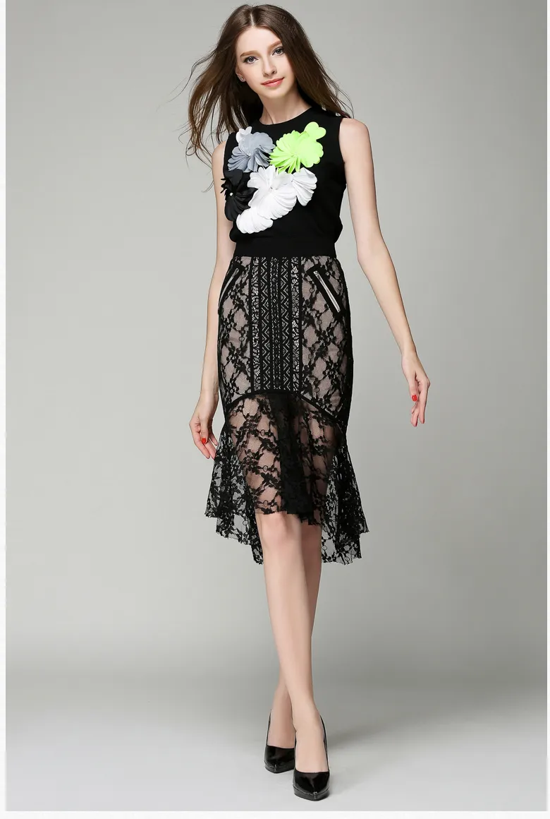 높은 품질 여자 Fishtail 스커트 레이스 스커트 패션 드레스 밖으로 Hollowed 유럽 스타일 파티 슬림 엉덩이 드레스 새로운 디자인