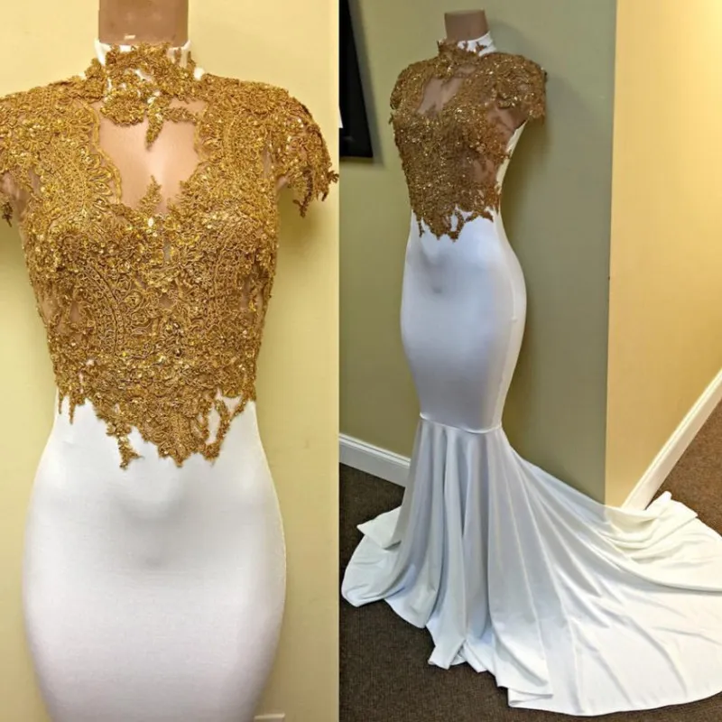 Apliques de encaje dorado de lujo Vestidos de baile Cuello alto Gorro Mangas Grano Sirena Barrido Tren Vestido de fiesta 2018 Nuevos vestidos de noche Robe De Soiree