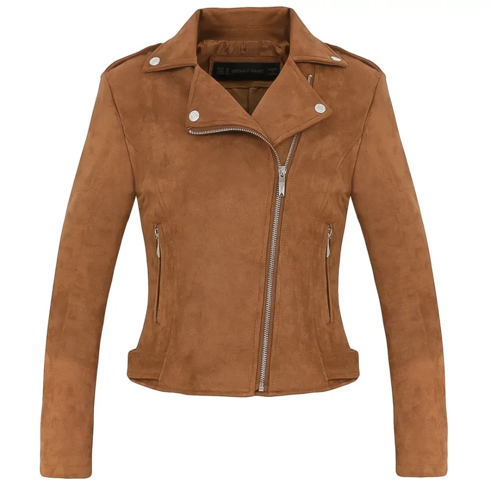 Nya Mode Kvinnor Suede Motorcykeljacka Slim Brown Full Lined Soft Faux Läder Kvinna Coat Veste Femme Cuir Epaulet Zipper