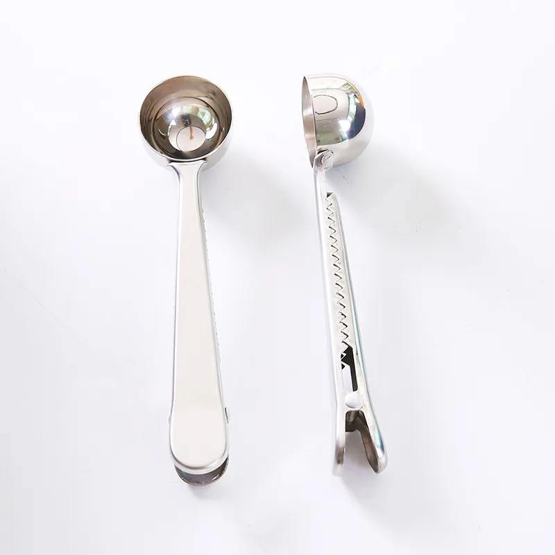 Stainless Steel Coffee Measuring Spoon With Bag Seal Clip Silver Multifunction Jelly Ice Cream Fruit Scoop Spoon Kitchen Accessories WX9-473