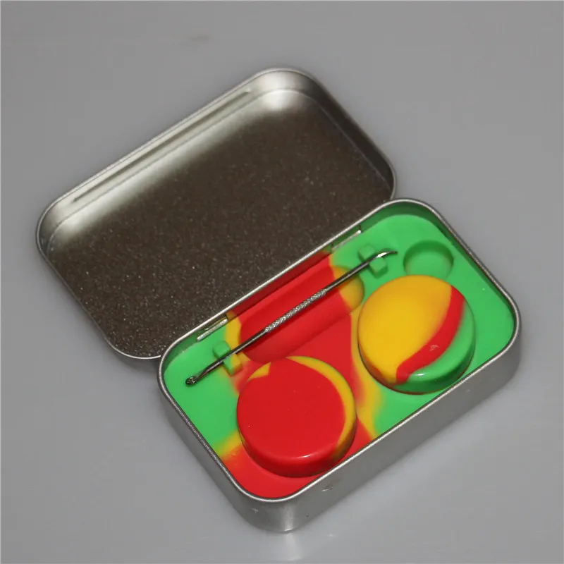 4 W 1 cyny Zestaw do przechowywania Silikonów Zestaw z 2 sztuk 3 ml silikonowego pojemnika wosku olejem Baza DAB Dabber Tool Metal Box Case