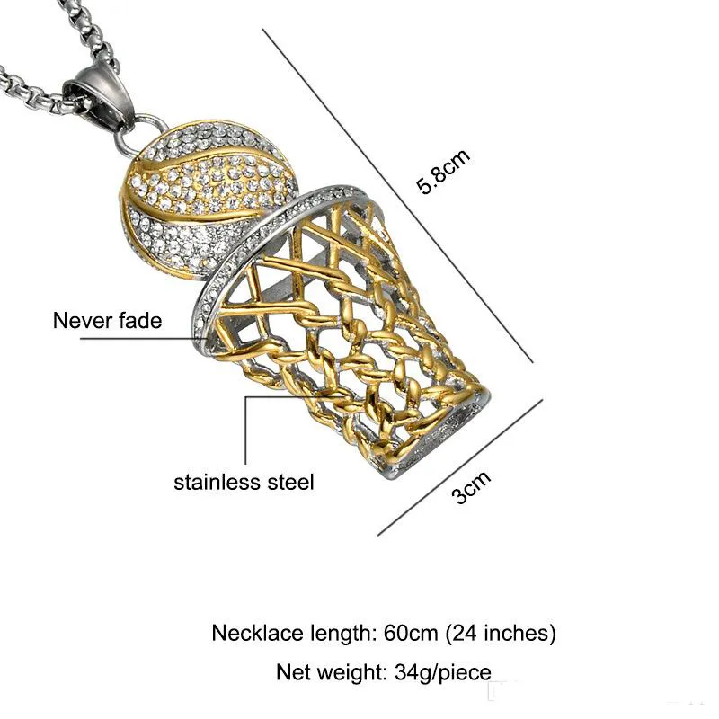 힙합 아이스 아웃 블링 블링 풀 모조 다이아몬드 농구 펜던트 목걸이 골드 실버 스테인리스 스틸 스포츠 목걸이 남성 패션 보석