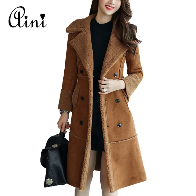 Wholesale- 2017 Women Suede Leather Coats Long Double Breasted Trench Coats Female Winter Jackets Ladies Faux Sheepskin Windbreakers M-3XL