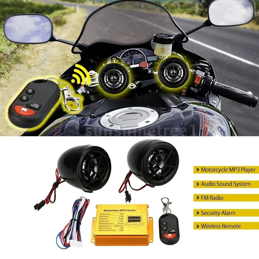 Motorcycle MP3 Player Sound System Radio Security Alarm Remote USB Slot