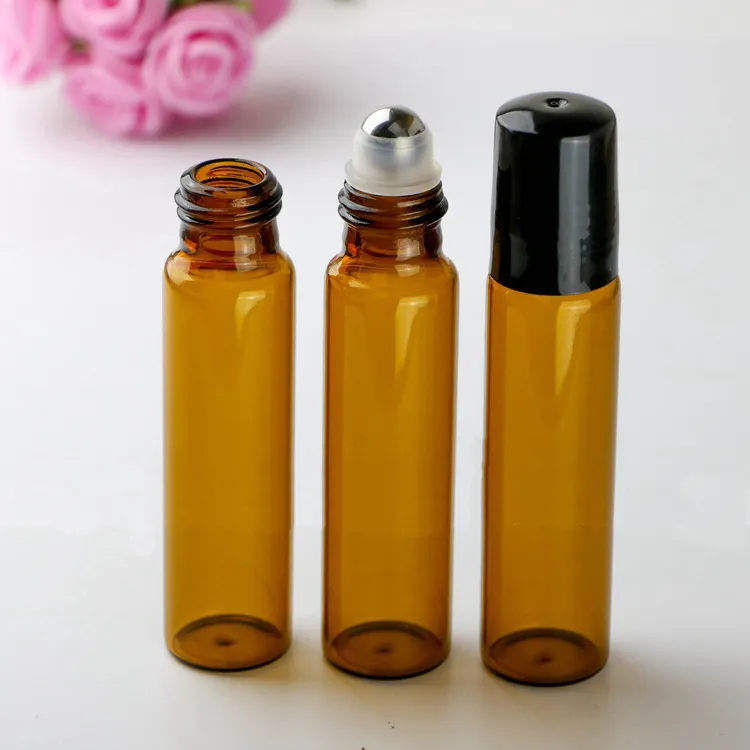 10ml 10g Amber Glass Roll på flaska Tom eterisk oljepfym Rollon Tube Stainless Steel Roller Ball Bottle Black Lid Travel Portable