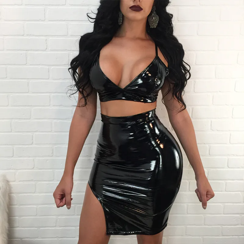 Black Red Apricot Women Two Piece Sets PU Leather Bodycon Dresses Sexy Spaghetti Strap Bandage Dress Summer Club Party Dress