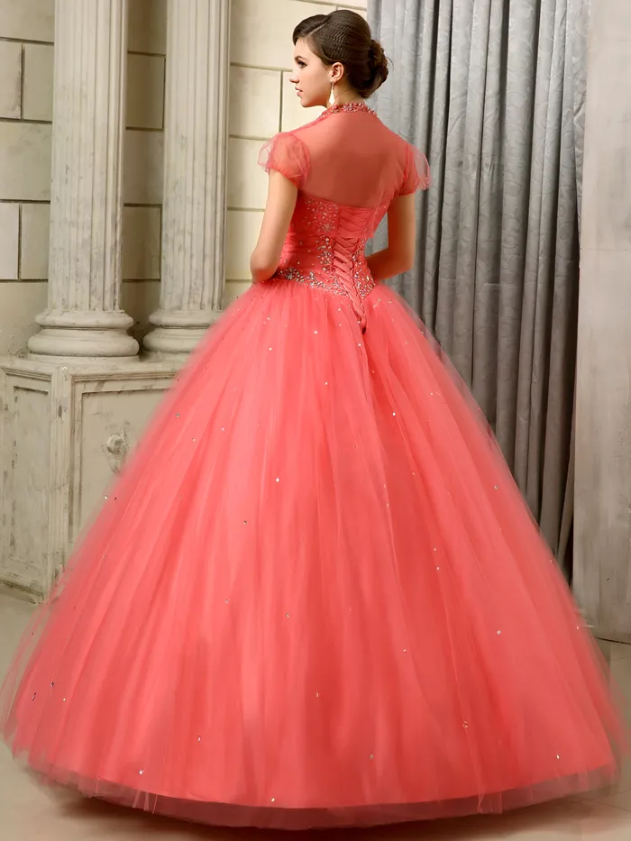 Coral Puffy 2018 Cheap Quinceanera Dresses Ball Gown Sweetheart Tulle Beaded Crystals Sweet 16 Dresses