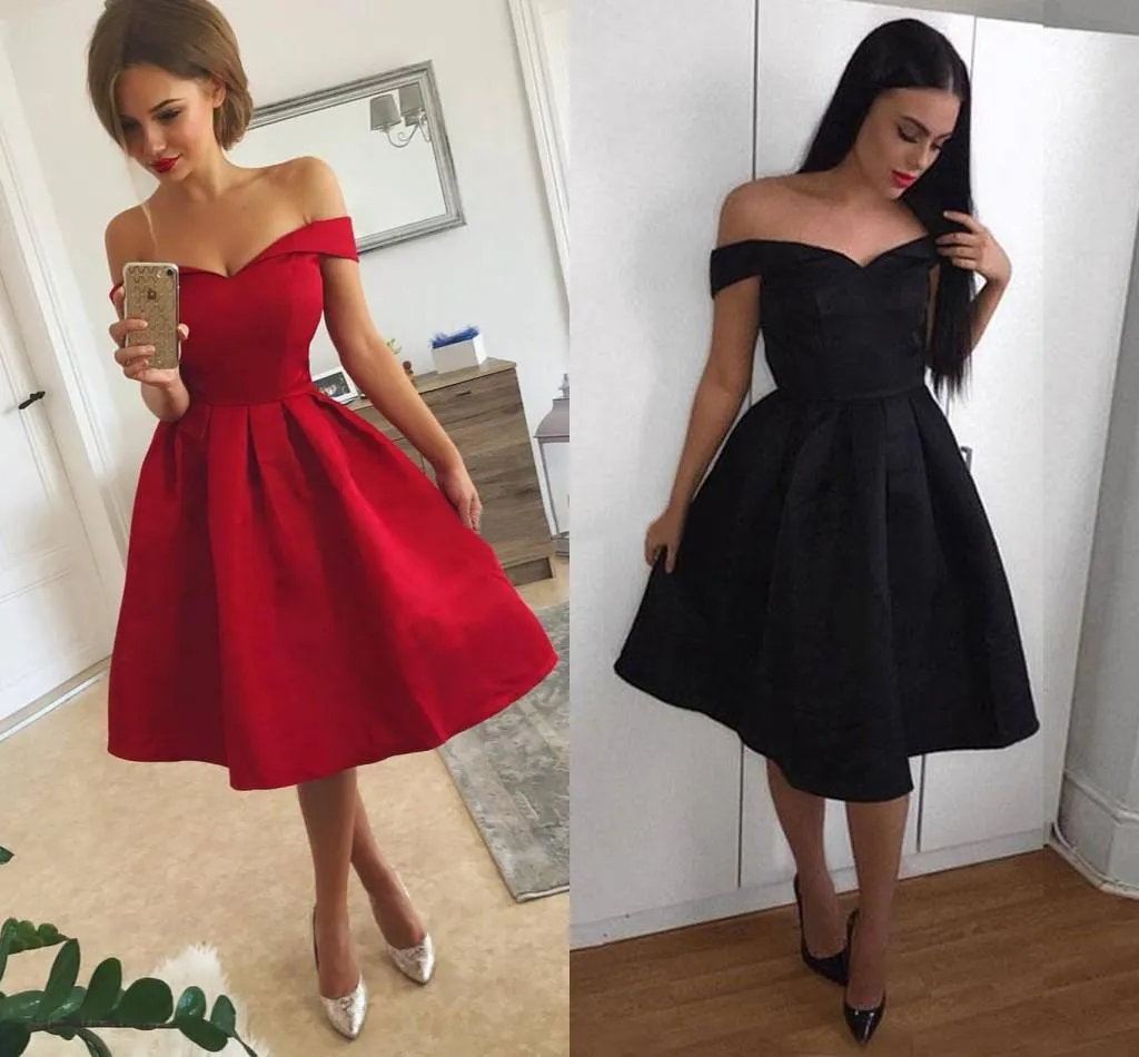 2018 Simple Red Short Prom Dresses Off Shoulder Ruffles Satin Knee
