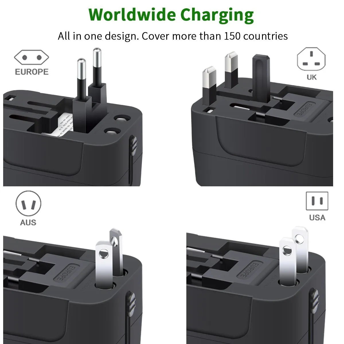 Międzynarodowy Uniwersalny WSZYSTKIE W JEDNYM WORLDWIDE TRAVEL Adapter Ładowarka ścienna Zasilacz AC Adapter z podwójnymi portami ładowania USB