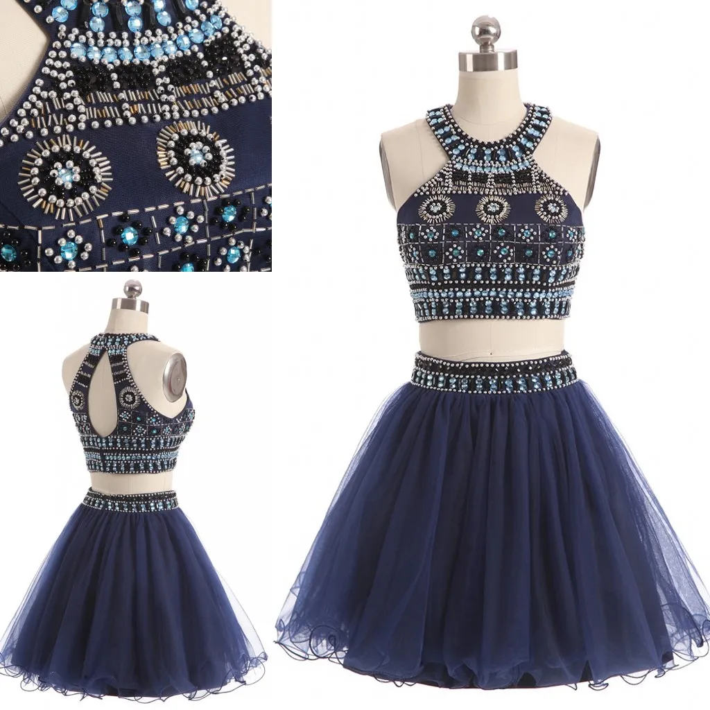 Bleu marine 2 pièces robes de bal de cocktail courtes licou trou de serrure dos Bling cristal perlé froncé tulle une ligne strass robe de soirée de retour