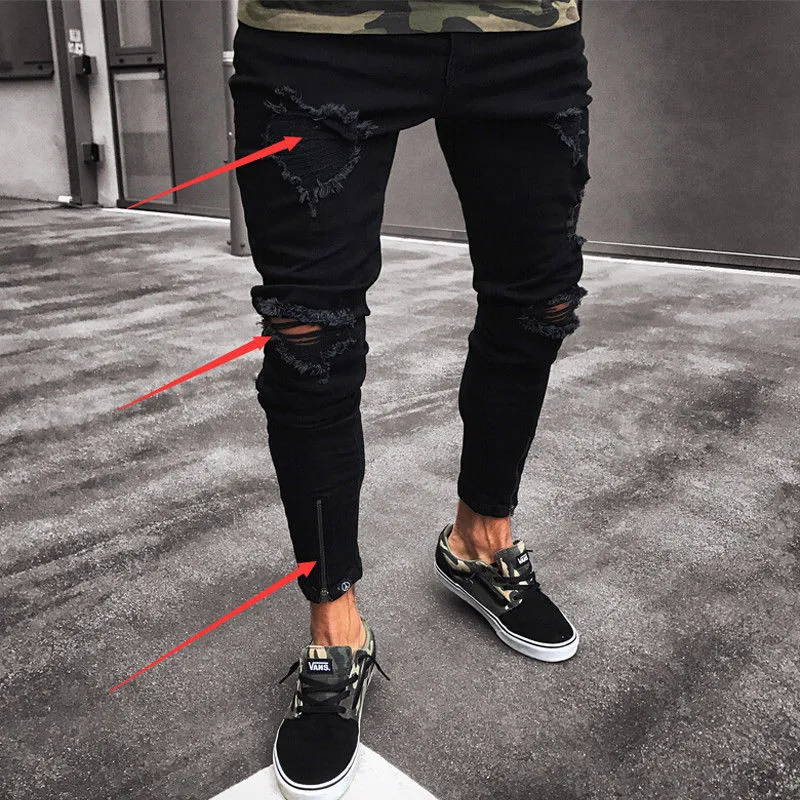 Jeans magro rasgados masculinos de moda destruído desgastado fino encaixe jeans calça