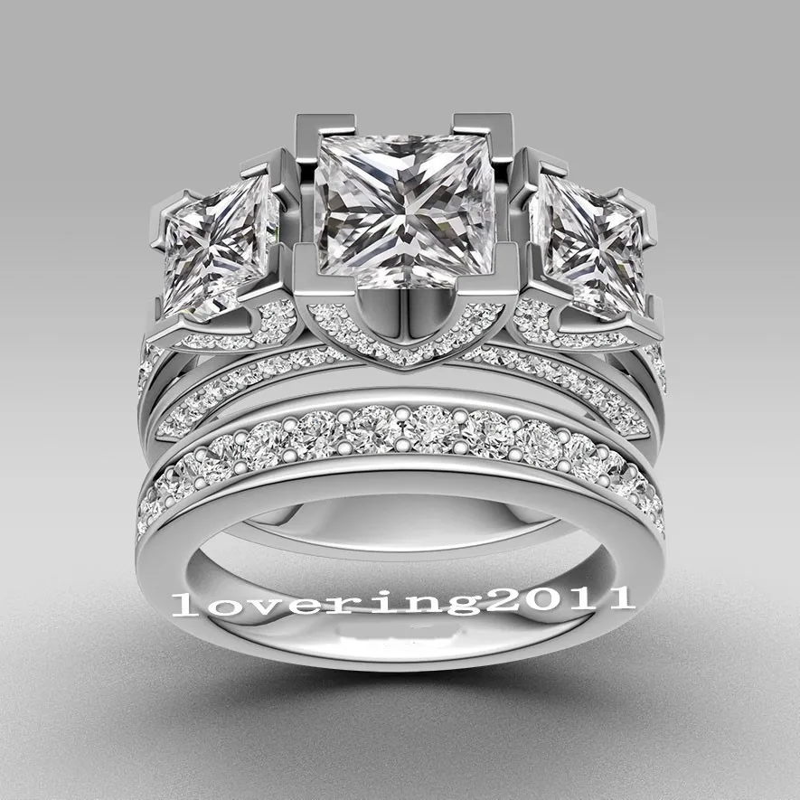 Choucong Princess Cut Trzy-kamień 8ct Stone Diamond 925 Sterling Silver Women Zaręczyny Zestaw Ring Band