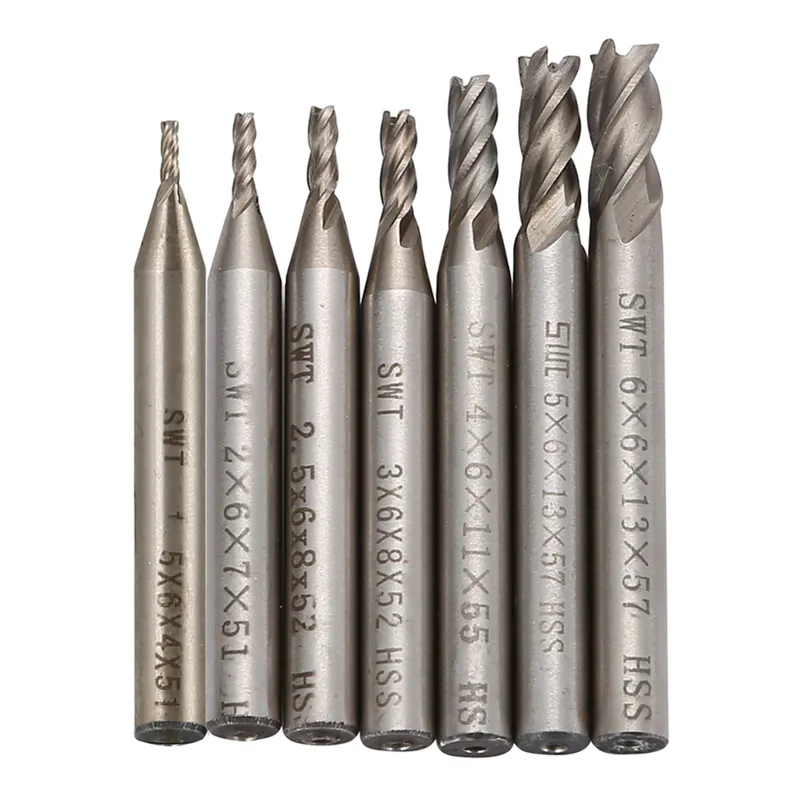 Freeshipping 7 Adet / grup Karbür End Mill 4 Flüt HSS Düz Şaft Çapı 1.5mm-6mm Freze Yönlendirici Bit Set CNC Araçları