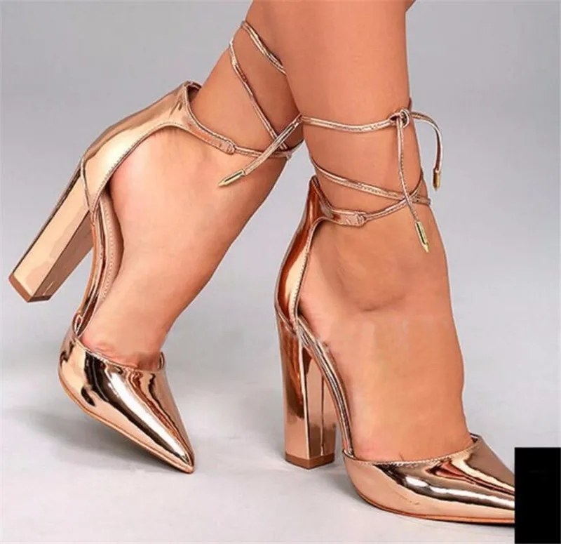 Ladies Sexy Fashion Pointed Toe Gold Mirror Patent Leather Chunky Heel Pumps Lace-up Ankle Strap Thick High Heels Formal Dress Shoes