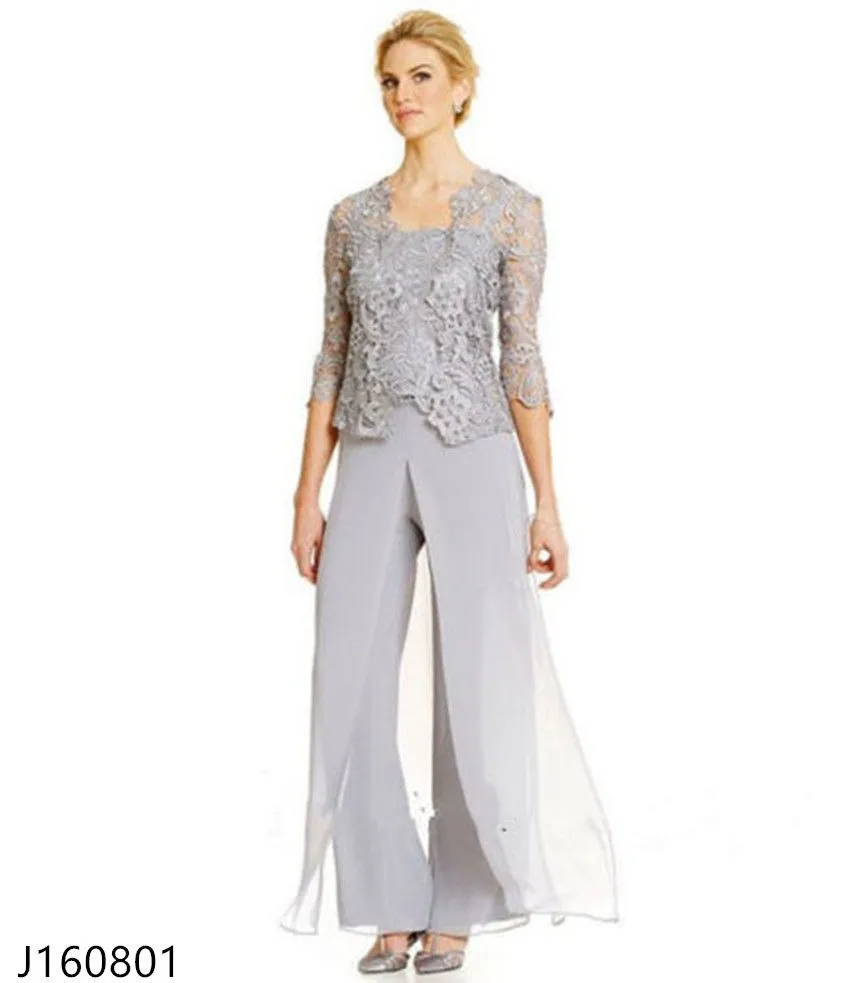 Elegant Chiffon Lace Mother of the Bride Pant Suit with Jacket -  Three-Piece Wedding Guest Outfit, Plus Size Available