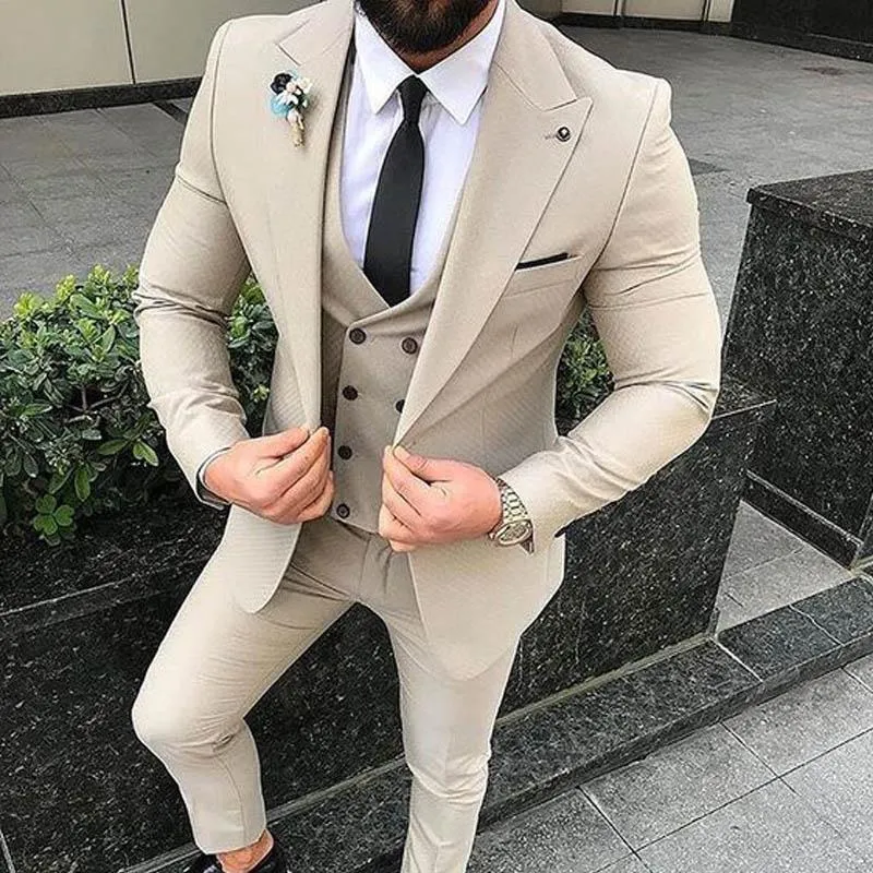 Slim Fit Beige 3 Piece Suit Män Bröllop Tuxedos Brudgrum Groomsmen Passar Män Business Party Prom Blazer (Jacka + Byxor + Tie + Vest) 1252