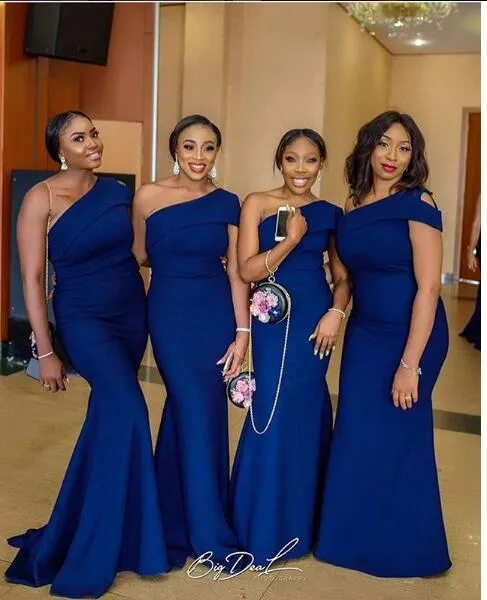 Cheap Sexy Mermaid One Shoulder Royal Blue Bridesmaid Dresses Patterns African Nigerian Bridal Gown Plus Size Formal Dresses Free Shipping