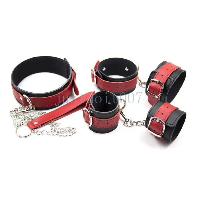 Bondage Fessel Rollenspiel Set Leine Handschellen Handgelenk Fußfesseln Halsband Leder neu #R56