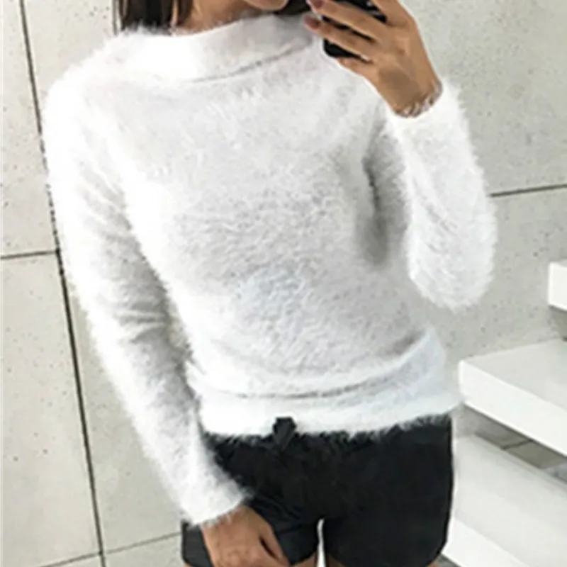 Meisje warme fuzzy coltrui gebreide vrouwen trui top herfst winter truien toevallige truien basale lange mouw tops plus size