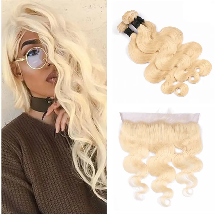 Bleach cabelo louro Pacotes com laço frontal da onda do corpo Lace frontal com os pacotes 613 Louro Extensões de cabelo com 13 * 4 Lace frontal Encerramento