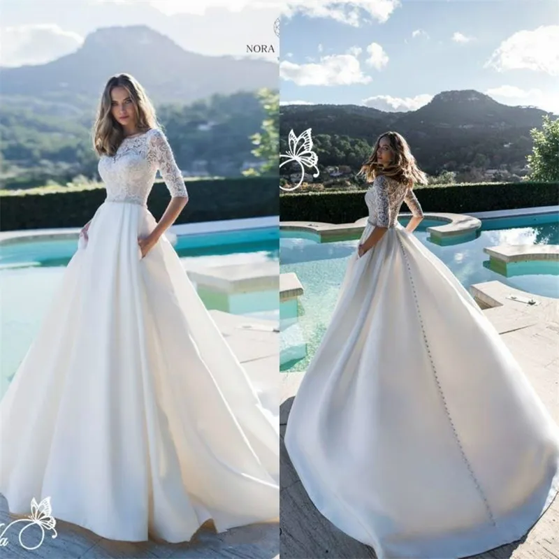 2019 Elegant Satin A Line Wedding Dresses Lace Appliqued Beaded Sash Bridal Gowns Half Long Sleeve Wedding Dress With Pockets