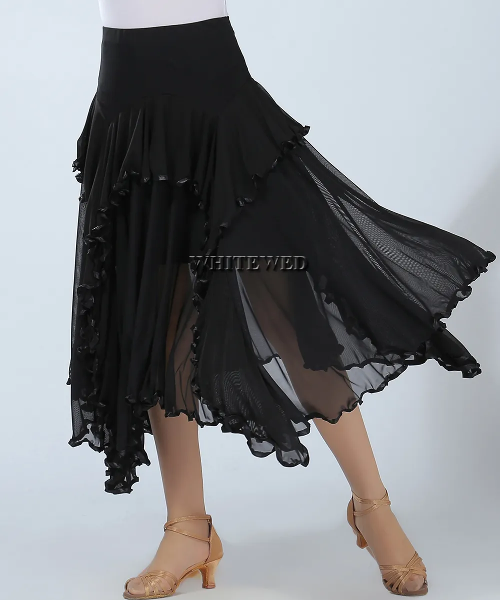 Ruffle Full Circle Circular Waltz Ballroom Practice Dance Skirt Long Two Tone Ballroom Flamenco National Dance Practice Wear Kjolar Kostymer