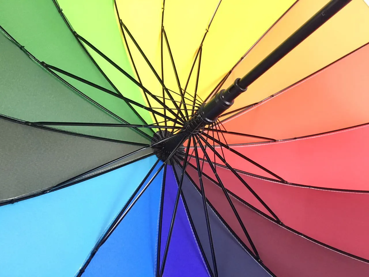 C krok regnbåge paraply långt handtag 16k rakt vindtätt färgstarka pongee paraply kvinnor män soligt regnigt paraply hh7-1116